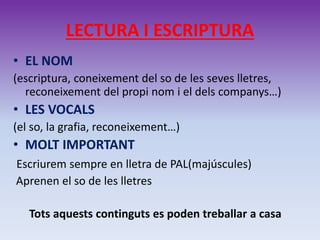 LECTURA I ESCRIPTURA
• EL NOM
(escriptura, coneixement del so de les seves lletres,
reconeixement del propi nom i el dels companys…)
• LES VOCALS
(el so, la grafia, reconeixement…)
• MOLT IMPORTANT
Escriurem sempre en lletra de PAL(majúscules)
Aprenen el so de les lletres
Tots aquests continguts es poden treballar a casa
 