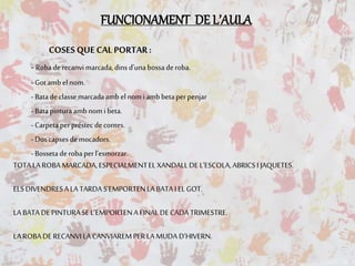 COSES QUECAL PORTAR:
- Robaderecanvi marcada,dins d’unabossaderoba.
- Gotambel nom.
- Batadeclassemarcadaamb el nom i ambbetaperpenjar
- Batapinturaambnomi beta.
- Carpetaperpréstec decontes.
- Doscapsesdemocadors.
- Bossetaderobaperl’esmorzar.
TOTALAROBAMARCADA,ESPECIALMENTELXANDALLDE L’ESCOLA,ABRICSI JAQUETES.
ELSDIVENDRESA LA TARDAS’EMPORTENLA BATAI ELGOT.
LABATA DEPINTURASEL’EMPORTENA FINAL DECADA TRIMESTRE.
LAROBADERECANVILACANVIAREMPERLA MUDA D’HIVERN.
FUNCIONAMENT DE L’AULA
 