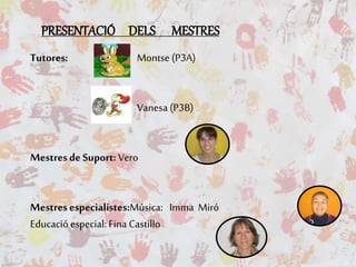 PRESENTACIÓ DELS MESTRES
Tutores: Montse (P3A)
Vanesa (P3B)
Mestresde Suport: Vero
Mestresespecialistes:Música: Imma Miró
Educació especial: Fina Castillo
 