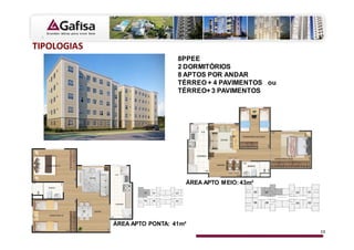 d/WKK'/ ^
                               8PPEE
                               2 DORMITÓRIOS
                               8 APTOS POR ANDAR
                               TÉRREO + 4 PAVIMENTOS ou
                               TÉRREO+ 3 PAVIMENTOS




                                 ÁREA APTO MEIO: 43m²




             ÁREA APTO PONTA: 41m²
                                                          35
 