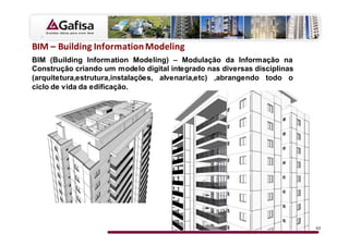 /D            /             D
BIM (Building Information Modeling) – Modulação da Informação na
Construção criando um modelo digital integrado nas diversas disciplinas
(arquitetura,estrutura,instalações, alvenaria,etc) ,abrangendo todo o
ciclo de vida da edificação.




                                                                          42
 