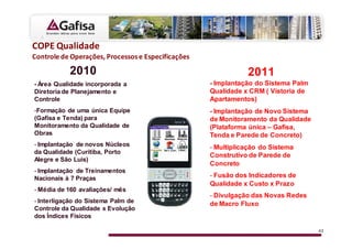 KW Y
          K           W            

           2010                                    2011
- Área Qualidade incorporada a          - Implantação do Sistema Palm
Diretoria de Planejamento e             Qualidade x CRM ( Vistoria de
Controle                                Apartamentos)
-Formação de uma única Equipe           - Implantação de Novo Sistema
(Gafisa e Tenda) para                   de Monitoramento da Qualidade
Monitoramento da Qualidade de           (Plataforma única – Gafisa,
Obras                                   Tenda e Parede de Concreto)
- Implantação de novos Núcleos          - Multiplicação do Sistema
da Qualidade (Curitiba, Porto
                                        Construtivo de Parede de
Alegre e São Luis)
                                        Concreto
- Implantação de Treinamentos
Nacionais à 7 Praças                    - Fusão dos Indicadores de
                                        Qualidade x Custo x Prazo
- Média de 160 avaliações/ mês
                                        - Divulgação das Novas Redes
- Interligação do Sistema Palm de       de Macro Fluxo
Controle da Qualidade x Evolução
dos Índices Físicos

                                                                        43
 