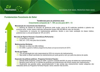 Fundamentos Favoráveis do Setor
                                          Tendências para os próximos anos
                                 Crescimento composto de 7 - 10% ao ano para 2011 - 13
              Manutenção de crescimento dos Genéricos:
                    Ranking de classes do mercado de genéricos pode mudar: cerca de 50 moléculas perderão a patente nos
               próximos anos. Juntas, essas moléculas representam quase US$ 500 MM em valor de mercado;
                    Crescimento no consumo do medicamentos genéricos, devido a uma maior aceitação da classe médica,
+              podendo levar a uma penetração de 19% em 2015.

             Mercado de Higiene Pessoal e Cosméticos (Perfumaria) :
                   3º mercado no mundo;
                   RDC 44 – OTC indo para trás do balcão.
Relevância




              Medicamentos Similares:
                   Mercado na ordem de US$ 2 bilhões;
                   Em 2004, o governo instituiu programa de phase out que se encerra em 2014.

              Renda per Capita:
                   15% da população tem sido responsável por 50% do consumo de medicamentos;
                   Não existe no Brasil reembolso de medicamentos por parte governo nem por parte dos planos de saúde.

              Expansão de políticas públicas - Programa Farmácia Popular:
                     Através deste programa, criado em 2004, o governo subsidia até 90% do preço de tabela dos medicamentos;
                     Benefício para cerca de 3,5 milhões de pacientes que praticamente não tinham acesso aos medicamentos;
                     Atualmente nas grandes redes, aproximadamente ¾ das vendas dos medicamentos nestas categorias são
   -            realizadas dentro do Programa Farmácia Popular, tendo crescido mais de 50%.

                                                                                                                               18
 