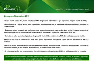 Destaques Financeiros 2T11

• Lucro líquido cresce 333,6% em relação ao 1T11, atingindo R$ 9,5 milhões, o que representa margem líquida de 1,4%;

• Crescimento de 7,5% da receita bruta consolidada quando comparada ao mesmo período do ano anterior, atingindo R$
779,4 milhões;

• Destaque para a categoria de perfumaria, que apresentou aumento nas vendas pelo sexto trimestre consecutivo.
Quando comparado ao mesmo período do ano anterior verifica-se o expressivo crescimento de 87,3%;

• Geração de caixa operacional positiva, atingindo R$ 50,0 milhões no trimestre, 7,6% da receita operacional líquida;

• Redução do ciclo de caixa em 5,8 dias. Esta queda representou redução de capital de giro da ordem de R$ 45,4
milhões;

• Redução de 1.4 ponto percentual nas despesas operacionais (administrativas, comerciais e logística) em comparação
ao mesmo período do ano anterior, atingindo 7,5% da receita operacional líquida;

• O volume de vendas por meio de pedido eletrônico bateu recorde e alcançou 68,6% do total das vendas no trimestre.


 Os resultados obtidos neste trimestre refletem o foco da Companhia em ações no sentido de manter o equilíbrio
          entre crescimento, margem operacional e ciclo de caixa de forma a preservar sua rentabilidade.



                                                                                                                        25
 