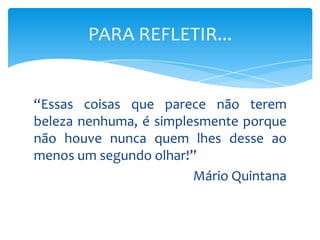 “Essas coisas que parece não terem
beleza nenhuma, é simplesmente porque
não houve nunca quem lhes desse ao
menos um segundo olhar!”
Mário Quintana
PARA REFLETIR...
 