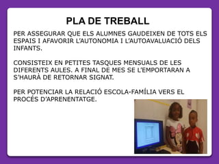 PLA DE TREBALL
PER ASSEGURAR QUE ELS ALUMNES GAUDEIXEN DE TOTS ELS
ESPAIS I AFAVORIR L’AUTONOMIA I L’AUTOAVALUACIÓ DELS
INFANTS.
CONSISTEIX EN PETITES TASQUES MENSUALS DE LES
DIFERENTS AULES. A FINAL DE MES SE L’EMPORTARAN A
S’HAURÀ DE RETORNAR SIGNAT.
PER POTENCIAR LA RELACIÓ ESCOLA-FAMÍLIA VERS EL
PROCÉS D’APRENENTATGE.
 