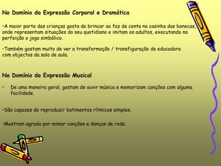 • De uma maneira geral, gostam de ouvir música e memorizam canções com alguma
facilidade.
No Domínio da Expressão Corporal e Dramática
•A maior parte das crianças gosta de brincar ao faz de conta na casinha das bonecas,
onde representam situações do seu quotidiano e imitam os adultos, executando na
perfeição o jogo simbólico.
•Também gostam muito de ver a transformação / transfiguração da educadora
com objectos da sala de aula.
No Domínio da Expressão Musical
•São capazes de reproduzir batimentos rítmicos simples.
•Mostram agrado por mimar canções e danças de roda.
 