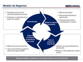 4
Modelo de negócios
verticalizado
Industrialização
Modelo de Negócios
Vantagem competitiva: construção num curto espaço de tempo e num custo muito baixo
 Tecnologia com formas de
alumínio e paredes de concreto
 45 dias para a construção de um
prédio de 5 andares
 Mão de obra própria
 Remuneração baseada em
performance
 Produção padronizada e
industrializada no canteiro
Foco em
projetos de
larga escala
 Mais de 35 anos de experiência
 Track record sólido em projeto no
âmbito do programa MCMV
Histórico
Consistente
no mercado de
baixa renda
 Expertise em empreendimentos de
grande porte
 Média de 1.150 unidades por canteiro
de obra
 
