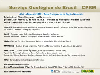 Serviço Geológico do Brasil – CPRM
                   Abril a Maio de 2012 – Ação Emergencial na Região Nordeste
Setorização de Riscos Geológicos – região nordeste
período: 26 de março a 30 de maio de 2012 - previstos 58 municípios – realizado 62 no total
Equipe: 45 geólogos, engenheiros e geógrafos . Escala 1:1.500 a 1:3.000

ALAGOAS - Branquinha, Coruripe, Maceió, Marechal Deodoro, Murici, Paripueira, União dos Palmares, Santana
do Mundaú , Barra de São Miguel, Paripueira;

BAHIA - Camacan, Lauro de Freitas, Nova Viçosa, Salvador, Senhor do
Bonfim, Amontada, Candeias, Maragogipe, Santa Cruz de Cabrália, Itabuna;

CEARÁ - Caucaia, Fortaleza, Jaguaruana, Lavras da Mangabeira, Morada Nova, Sobral

MARANHÃO - Bacabal, Grajaú, Imperatriz, Pedreiras, São Luís, Trizidela do Vale, Vitória do Mearim

PERNAMBUCO - Abreu e Lima, Água Preta, Barra de Guabiraba, Cabo de Santo
Agostinho, Camaragibe, Caruaru, Catende, Escada, Ipojuca, Jaboatão dos
Guararapes, Olinda, Palmares, Paulista, Quipapá, Recife, Vitória de Santo Antão, São Lourenço da Mata

PIAUÍ - Barras, Campo Maior, Esperantina,Teresina

Rio Grande do Norte – Mossoró
Outros Mapeamentos da CPRM: Rio Branco, Brasiléia, Xapuri (AC) ; Nova Friburgo (RJ); Itaituba (PA)

total: 138 municípios setorizados
 