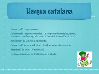 Llengua catalana 
Comprensió i expressió oral. 
Comprensió i expressió escrita. ( Escriptura de paraules, frases, 
textos curts amb ortografia natural i ens iniciem en l'arbitrària) 
Assoliment de la lletra d'impremta. 
Comprensió lectora, velocitat i fluïdesa lectora i entonació. 
Ampliació de lèxic. ( Vocabulari) 
Ús i reconeixement de les tipologies textuals. 
 