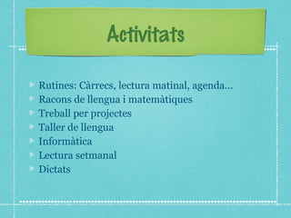 Activitats 
Rutines: Càrrecs, lectura matinal, agenda... 
Racons de llengua i matemàtiques 
Treball per projectes 
Taller de llengua 
Informàtica 
Lectura setmanal 
Dictats 
 