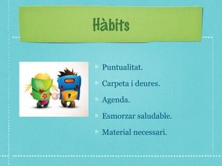 Hàbits 
Puntualitat. 
Carpeta i deures. 
Agenda. 
Esmorzar saludable. 
Material necessari. 
 