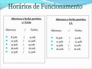 Abertura e fecho portões
1.º Ciclo
Abertura:






8.50h
12.30h
13.50h
16.00h
17.30h

/
/
/
/
/
/

Fecho:
9.10h
12.40h
14.10h
16.10h
17.40h

Abertura e fecho portões
J.I.
Abertura:





8.50h
12.30h
13.50h
16.00h

/

Fecho:

/
/
/
/

9.10h
12.40h
14.10h
16.10h

EB1/JI Anta 2

 