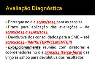  Entregue no dia 10/02/2014 para as escolas
 Prazo

para aplicação das avaliações – de
10/02/2014 a 14/02/2014
 Devolutiva dos consolidados para a SME – até
20/02/2014 - IMPRETERIVELMENTE!!!
 Excepcionalmente reunião com diretores e
coordenadoras no dia 25/02/14 (terça-feira) das
8h30 as 12h00 para devolutiva dos resultados

 