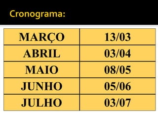 MARÇO
ABRIL
MAIO
JUNHO
JULHO

13/03
03/04
08/05
05/06
03/07

 