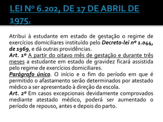 Atribui à estudante em estado de gestação o regime de
exercícios domiciliares instituído pelo Decreto-lei nº 1.044,
de 1969, e dá outras providências.
Art. 1º A partir do oitavo mês de gestação e durante três
meses a estudante em estado de gravidez ficará assistida
pelo regime de exercícios domiciliares.
Parágrafo único. O início e o fim do período em que é
permitido o afastamento serão determinados por atestado
médico a ser apresentado à direção da escola.
Art. 2º Em casos excepcionais devidamente comprovados
mediante atestado médico, poderá ser aumentado o
período de repouso, antes e depois do parto.

 