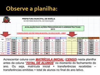 Acrescentar coluna com MATRÍCULA INICIAL (CENSO) nesta planilha
antes da coluna “TOTAL DE ALUNOS” no momento do fechamento do
ano. Ou seja, matrícula inicial + transferências recebidas –
transferências emitidas = total de alunos no final do ano letivo.

 