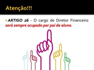  ARTIGO

26 - O cargo de Diretor Financeiro
será sempre ocupado por pai de aluno.

 