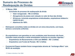 Sumario do Processo de
Readequação de Dívidas
  12 Março, 2004
   –  Conclusão do processo de readequação de dívida
           Valor renegociado – R$ 2.3 bilhões
           Alongamento de prazos sem redução no valor de face das dívidas
           29 bancos, incluindo empréstimos sindicalizados, empréstimos bilateral e
           capital de giro
           Aderência de 100%

  Eletropaulo consolidou todas as dívidas em um único documento, com taxas,
  termos e covenants uniformes



  Os empréstimos com garantias ou com condições mais favoráveis não foram
  incluídos neste processo e serão amortizados conforme os acordos vigentes:*
       Empréstimos do Racionamento e CVA com BNDES – R$ 1.2 bilhão
       Empréstimo com Fundo de Pensão– R$ 1.2 bilhão

  Commercial Papers também foram renegociados através de “exchange offers” com
  99.9% de aceitação


  (*) Valores referentes à Set/ 2004
 