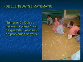 •DE LLENGUATGE MATEMÀTIC



Numeració / lògica /
geometria plana / noció
de quantitat / resolució
de problemes senzills...
 