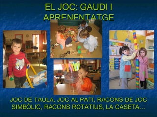 EL JOC: GAUDI I
         APRENENTATGE




JOC DE TAULA, JOC AL PATI, RACONS DE JOC
 SIMBÒLIC, RACONS ROTATIUS, LA CASETA…
 