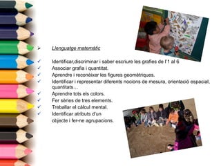 Llenguatge matemàtic Identificar,discriminar i saber escriure les grafies de l’1 al 6 Associar grafia i quantitat. Aprendre i reconèixer les figures geomètriques. Identificar i representar diferents nocions de mesura, orientació espacial, quantitats… Aprendre tots els colors. Fer sèries de tres elements. Treballar el càlcul mental. Identificar atributs d’un objecte i fer-ne agrupacions. 
