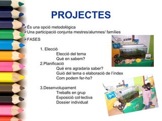 PROJECTES És una opció metodològica Una participació conjunta mestres/alumnes/ famílies FASES 1. Elecció Elecció del tema Què en sabem? 2.Planificació Què ens agradaria saber? Guió del tema o elaboració de l’índex Com podem fer-ho? 3.Desenvolupament Treballs en grup Exposició col·lectiva Dossier individual 