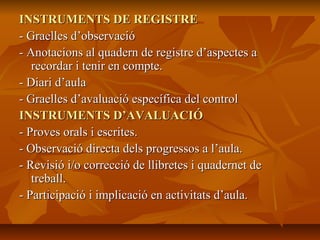 INSTRUMENTS DE REGISTREINSTRUMENTS DE REGISTRE
- Graelles d’observació- Graelles d’observació
- Anotacions al quadern de registre d’aspectes a- Anotacions al quadern de registre d’aspectes a
recordar i tenir en compte.recordar i tenir en compte.
- Diari d’aula- Diari d’aula
- Graelles d’avaluació específica del control- Graelles d’avaluació específica del control
INSTRUMENTS D’AVALUACIÓINSTRUMENTS D’AVALUACIÓ
- Proves orals i escrites.- Proves orals i escrites.
- Observació directa dels progressos a l’aula.- Observació directa dels progressos a l’aula.
- Revisió i/o correcció de llibretes i quadernet de- Revisió i/o correcció de llibretes i quadernet de
treball.treball.
- Participació i implicació en activitats d’aula.- Participació i implicació en activitats d’aula.
 