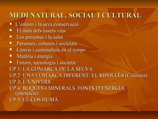 MEDI NATURAL, SOCIAL I CULTURALMEDI NATURAL, SOCIAL I CULTURAL
 L’entorn i la seva conservacióL’entorn i la seva conservació
 El món dels éssers viusEl món dels éssers vius
 Les persones i la salutLes persones i la salut
 Persones, cultures i societatsPersones, cultures i societats
 Canvis i continuïtats en el tempsCanvis i continuïtats en el temps
 Matèria i energiaMatèria i energia
 Entorn, tecnologia i societatEntorn, tecnologia i societat
UP 1: LA COMARCA DE LA SELVAUP 1: LA COMARCA DE LA SELVA
UP 2: UNA COMARCA DIFERENT: EL RIPOLLÈS (Colònies)UP 2: UNA COMARCA DIFERENT: EL RIPOLLÈS (Colònies)
UP 3: L’UNIVERSUP 3: L’UNIVERS
UP 4: ROQUES I MINERALS. FONTS D’ENERGIAUP 4: ROQUES I MINERALS. FONTS D’ENERGIA
(intercicle)(intercicle)
UP 5: EL COS HUMÀUP 5: EL COS HUMÀ
 