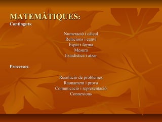 MATEMÀTIQUESMATEMÀTIQUES::
ContingutsContinguts::
Numeració i càlculNumeració i càlcul
Relacions i canviRelacions i canvi
Espai i formaEspai i forma
MesuraMesura
Estadística i atzarEstadística i atzar
ProcessosProcessos::
Resolució de problemesResolució de problemes
Raonament i provaRaonament i prova
Comunicació i representacióComunicació i representació
ConnexionsConnexions
 