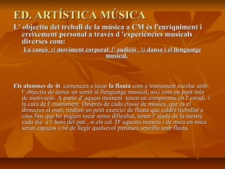 ED. ARTÍSTICA MÚSICAED. ARTÍSTICA MÚSICA
L' objectiu del treball de la música a CM és l'enriquiment iL' objectiu del treball de la música a CM és l'enriquiment i
creixement personal a través d 'experiències musicalscreixement personal a través d 'experiències musicals
diverses com:diverses com:
La cançóLa cançó, el, el moviment corporalmoviment corporal ,l,l' audició' audició , la, la dansa i el llenguatgedansa i el llenguatge
musical.musical.
Els alumnes de 4tEls alumnes de 4t. comencen a tocar. comencen a tocar la flautala flauta com a instrument escolar ambcom a instrument escolar amb
l' objectiu de donar un sentit al llenguatge musical, així com un punt mésl' objectiu de donar un sentit al llenguatge musical, així com un punt més
de motivació. A partir d' aquest moment tenen un compromís en l' estudi ide motivació. A partir d' aquest moment tenen un compromís en l' estudi i
la cura de l' instrument. Després de cada classe de música, que és ella cura de l' instrument. Després de cada classe de música, que és el
dimecres al matí, tindran un petit exercici de flauta que caldrà treballar adimecres al matí, tindran un petit exercici de flauta que caldrà treballar a
casa fins que ho puguin tocar sense dificultat, tenen l' ajuda de la mestracasa fins que ho puguin tocar sense dificultat, tenen l' ajuda de la mestra
cada dia a l' hora del pati , si els cal. D' aquesta manera i de mica en micacada dia a l' hora del pati , si els cal. D' aquesta manera i de mica en mica
seran capaços a 6è de llegir qualsevol partitura senzilla amb flauta.seran capaços a 6è de llegir qualsevol partitura senzilla amb flauta.
 
