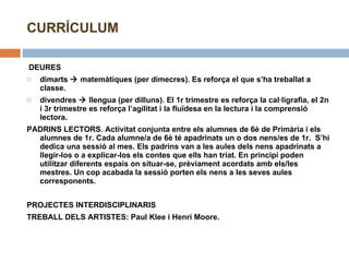 DEURES  dimarts    matemàtiques (per dimecres). Es reforça el que s’ha treballat a classe. divendres    llengua (per dilluns). El 1r trimestre es reforça la cal·ligrafia, el 2n i 3r trimestre es reforça l’agilitat i la fluïdesa en la lectura i la comprensió lectora. PADRINS LECTORS. Activitat conjunta entre els alumnes de 6è de Primària i els alumnes de 1r. Cada alumne/a de 6è té apadrinats un o dos nens/es de 1r.  S’hi dedica una sessió al mes. Els padrins van a les aules dels nens apadrinats a llegir-los o a explicar-los els contes que ells han triat. En principi poden utilitzar diferents espais on situar-se, prèviament acordats amb els/les mestres. Un cop acabada la sessió porten els nens a les seves aules corresponents. PROJECTES INTERDISCIPLINARIS TREBALL DELS ARTISTES:  Paul Klee i Henri Moore. CURRÍCULUM 