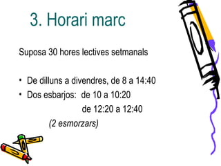 Suposa 30 hores lectives setmanals
• De dilluns a divendres, de 8 a 14:40
• Dos esbarjos: de 10 a 10:20
de 12:20 a 12:40
(2 esmorzars)
3. Horari marc
 