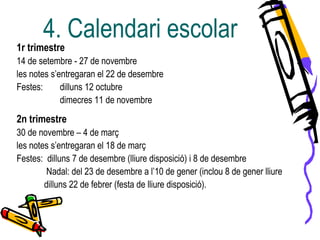 1r trimestre
14 de setembre - 27 de novembre
les notes s’entregaran el 22 de desembre
Festes: dilluns 12 octubre
dimecres 11 de novembre
2n trimestre
30 de novembre – 4 de març
les notes s’entregaran el 18 de març
Festes: dilluns 7 de desembre (lliure disposició) i 8 de desembre
Nadal: del 23 de desembre a l’10 de gener (inclou 8 de gener lliure
dilluns 22 de febrer (festa de lliure disposició).
4. Calendari escolar
 