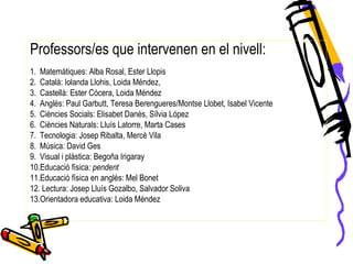 Professors/es que intervenen en el nivell:
1. Matemàtiques: Alba Rosal, Ester Llopis
2. Català: Iolanda Llohis, Loida Méndez,
3. Castellà: Ester Cócera, Loida Méndez
4. Anglès: Paul Garbutt, Teresa Berengueres/Montse Llobet, Isabel Vicente
5. Ciències Socials: Elisabet Danès, Sílvia López
6. Ciències Naturals: Lluís Latorre, Marta Cases
7. Tecnologia: Josep Ribalta, Mercè Vila
8. Música: David Ges
9. Visual i plàstica: Begoña Irigaray
10.Educació física: pendent
11.Educació física en anglès: Mel Bonet
12. Lectura: Josep Lluís Gozalbo, Salvador Soliva
13.Orientadora educativa: Loida Méndez
 