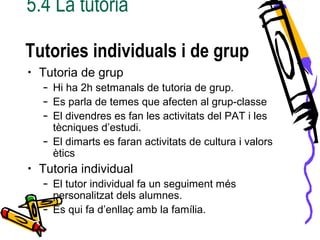 5.4 La tutoria
• Tutoria de grup
– Hi ha 2h setmanals de tutoria de grup.
– Es parla de temes que afecten al grup-classe
– El divendres es fan les activitats del PAT i les
tècniques d’estudi.
– El dimarts es faran activitats de cultura i valors
ètics
• Tutoria individual
– El tutor individual fa un seguiment més
personalitzat dels alumnes.
– És qui fa d’enllaç amb la família.
Tutories individuals i de grup
 