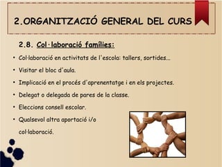 2.ORGANITZACIÓ GENERAL DEL CURS
2.8. Col·laboració famílies:
●
Col·laboració en activitats de l'escola: tallers, sortides...
●
Visitar el bloc d'aula.
●
Implicació en el procés d'aprenentatge i en els projectes.
●
Delegat o delegada de pares de la classe.
●
Eleccions consell escolar.
●
Qualsevol altra aportació i/o
col·laboració.
 