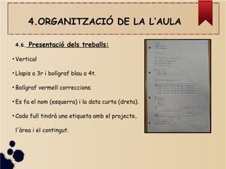 4.ORGANITZACIÓ DE LA L’AULA
4.6. Presentació dels treballs:
●
Vertical
●
Llapis a 3r i bolígraf blau a 4t.
●
Bolígraf vermell correccions.
●
Es fa el nom (esquerra) i la data curta (dreta).
●
Cada full tindrà una etiqueta amb el projecte,
l'àrea i el contingut.
 