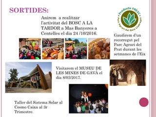SORTIDES:
Anirem a realitzar
l’activitat del BOSC A LA
TARDOR a Mas Banyeres a
Centelles el dia 24 /10/2016.
Visitarem el MUSEU DE
LES MINES DE GAVÀ el
dia 8/03/2017.
Taller del Sistema Solar al
Cosmo Caixa al 3r
Trimestre.
Gaudirem d’un
recorregut pel
Parc Agrari del
Prat durant les
setmanes de l’Eix
 