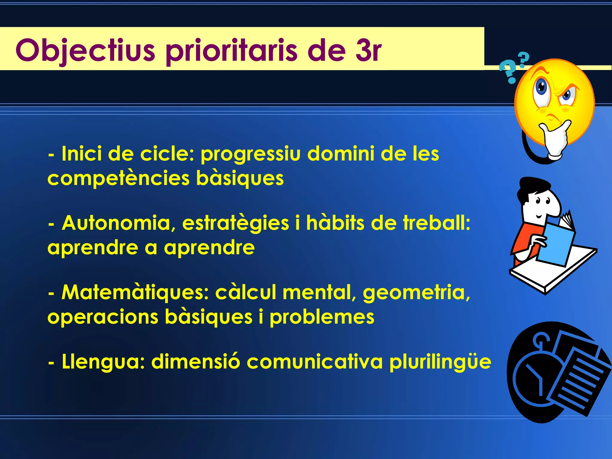 Reunió d’inici de curs
- Inici de cicle: progressiu domini de les
competències bàsiques
- Autonomia, estratègies i hàbits de treball:
aprendre a aprendre
- Matemàtiques: càlcul mental, geometria,
operacions bàsiques i problemes
- Llengua: dimensió comunicativa plurilingüe
Objectius prioritaris de 3r
 