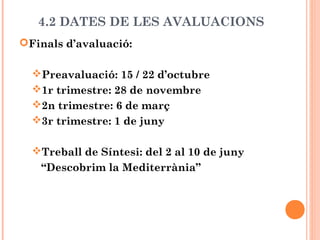 4.2 DATES DE LES AVALUACIONS
Finals d’avaluació:
Preavaluació: 15 / 22 d’octubre
1r trimestre: 28 de novembre
2n trimestre: 6 de març
3r trimestre: 1 de juny
Treball de Síntesi: del 2 al 10 de juny
“Descobrim la Mediterrània”
 