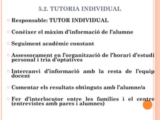 5.2. TUTORIA INDIVIDUAL
o Responsable: TUTOR INDIVIDUAL
o Conèixer el màxim d’informació de l’alumne
o Seguiment acadèmic constant
o Assessorament en l’organització de l’horari d’estudi
personal i tria d’optatives
o Intercanvi d’informació amb la resta de l’equip
docent
o Comentar els resultats obtinguts amb l’alumne/a
o Fer d’interlocutor entre les famílies i el centre
(entrevistes amb pares i alumnes)
 
