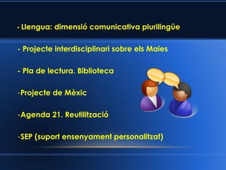 - Llengua: dimensió comunicativa plurilingüe
- Projecte interdisciplinari sobre els Maies
- Pla de lectura. Biblioteca
-Projecte de Mèxic
-Agenda 21. Reutilització
-SEP (suport ensenyament personalitzat)
 