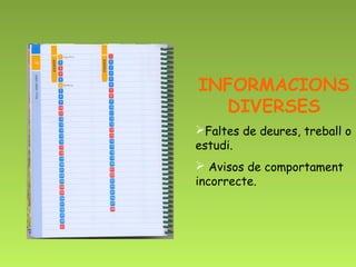 INFORMACIONS
  DIVERSES
Faltes de deures, treball o
estudi.
 Avisos de comportament
incorrecte.
 