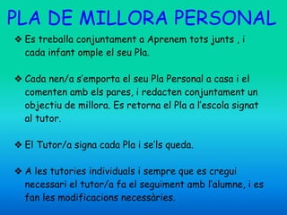 PLA DE MILLORA PERSONAL
❖ Es treballa conjuntament a Aprenem tots junts , i
cada infant omple el seu Pla.
❖ Cada nen/a s’emporta el seu Pla Personal a casa i el
comenten amb els pares, i redacten conjuntament un
objectiu de millora. Es retorna el Pla a l’escola signat
al tutor.
❖ El Tutor/a signa cada Pla i se’ls queda.
❖ A les tutories individuals i sempre que es cregui
necessari el tutor/a fa el seguiment amb l’alumne, i es
fan les modificacions necessàries.
 