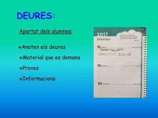 DEURES:
Apartat dels alumnes:
❖Anoten els deures
❖Material que es demana
❖Proves
❖Informacions
 