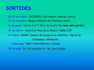 SORTIDES
18-20 d’octubre: COLÒNIES Can Pinsach a Mieres, Girona.
23 de novembre: Museu d’història de Catalunya (matí)
16 de gener: Teatre S.A.T. Obra de teatre “La nena dels pardals”
22 de febrer: Audició al Palau de la Música “Cobla 2.0”
26 d’abril: CRARC (Centre de recuperació d’amfibis i rèptils de
Catalunya) a Masquefa
11 de maig: Taller d’invertebrats a l’escola
28 de maig: Sortida conjunta 3r i 4t. Jocs d’aigua
 