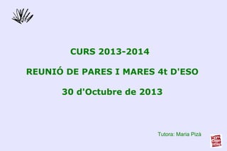 CURS 2013-2014
REUNIÓ DE PARES I MARES 4t D'ESO
30 d'Octubre de 2013

Tutora: Maria Pizà

 