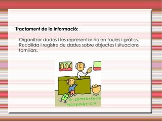Tractament de la informació: Organitzar dades i les representar-ho en taules i gràfics.  Recollida i registre de dades sobre objectes i situacions familiars.   