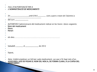 
   FULL D’AUTORITZACIÓ PER A
   L’ADMINISTRACIÓ DE MEDICAMENTS


   En _____________________amb D.N.I._________ com a pare o mare de l’alumne/a
    ______________________________________
   del curs _______________

   AUTORITZO l’administració del medicament indicat en les hores i dosis següents:
   Nom del medicament
   Dosis
   Horari


   els dies……………………………………………………………………




   Sabadell, ________ d _______________ de 2012


   Signat,


   Nota: Caldrà emplenar un full per cada medicament, cas que n’hi hagi més d’un.
   ASSEGUREU-VOS DE POSAR EL NOM DEL NEN/A, DE FORMA CLARA, A LA CAPSA DEL
    MEDICAMENT.


                                                                                      13
 